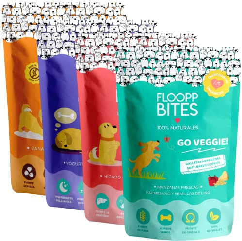 Floopp Bites Galletas Naturales para Perros, Mix Crujiente de Hígado Zanahoria Yogur Canela Queso, Pack 4x100g