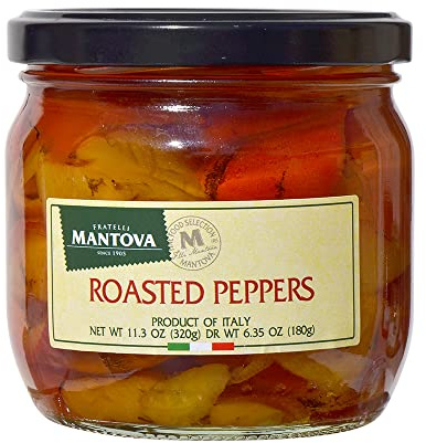 Mantova Roasted Peppers, 11.3 oz. (Pack of 2), Product of Italy, All-Natural, Lightly Roasted Bell Peppers, Vegan-Friendly, Non-GMO, No Artificial Coloring, Flavoring, or Preservatives