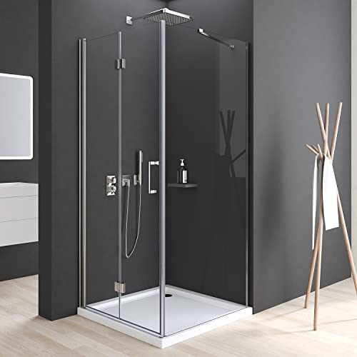 Duschkabine mit Verkürzter Seitenwand, Duschkabine 80x80x195cm Eckeinstieg mit Falttüren 6mm NANO ESG Glas Duschabtrennung Eckdusche Eck-Duschkabine Drehtür Duschwand
