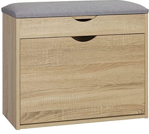 HOMCOM Shoe Bench with Cushion for 4 Pair of Shoes, Storage Bench with Padded Seat, Flip-up Cabinet and Hidden Space for Entryway, Natural