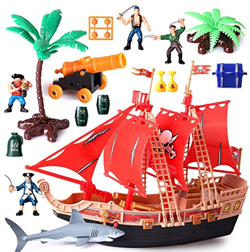 Boderam Enfants Pirate Bateau Aventure Jouets avec Figurines d'action en Plastique Pirate Bateau Consoles de Jeux avec Requins, Bateaux, canons, Arbres et Autres Accessoires Cadeaux éducatifs garçons