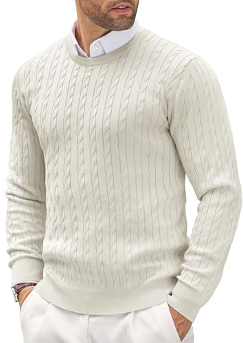 COOFANDY Mens Crew Neck Sweater Cable Knit Dress Sweater Slim Fit Lightweight Sweater and Pullover A-White Large