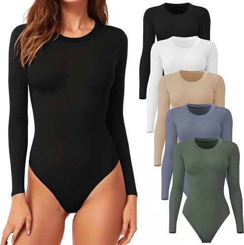 CE' CERDR 5 Pack Long Sleeve Bodysuit for Women Round Neck Casual Stretchy Basic Shirts Crew Neck Body Suits Tops