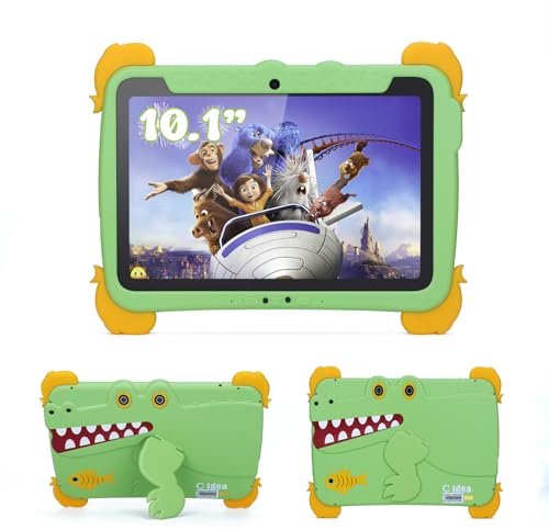 C idea Tablet Andriod 13 da 10.1 Pollici per Bambini Con Custodia - 4 GB RAM, 64 GB ROM, 6000mAh, Protezione Occhi, Touchscreen, WiFi - Regalo Educativo Verde