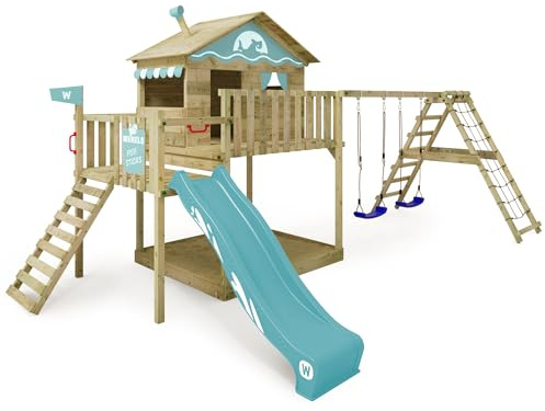 WICKEY Wooden climbing frame Smart Ocean with swing set & slide, Outdoor kids playhouse with sandpit, climbing ladder & play-accessories for the garden - blue pastel