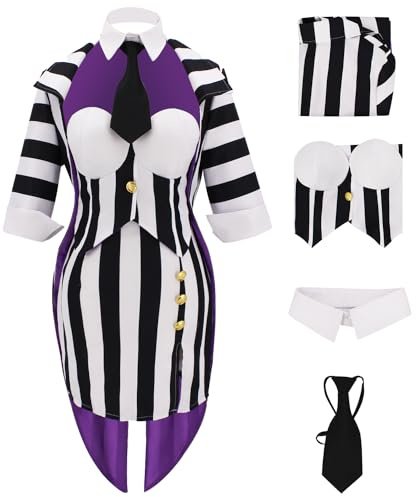 AYYOHON Disfraz de Beetle Juice para mujer, conjunto de corsé y falda a rayas verticales negras y blancas con corbata, trajes de Halloween, talla 3XL