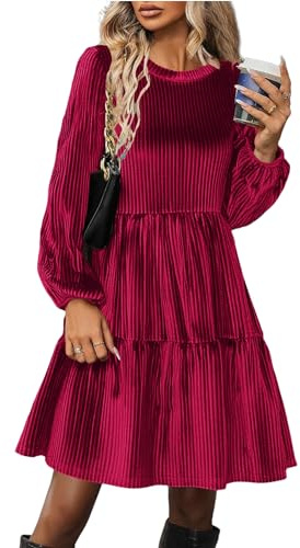 Zeagoo Robes Femme Hiver Manches Longues Robe en Velours Col Rond Volant Robe de Soirée Trapèze Mi-Longue Automne Robes avec Poche Vin Rouge S
