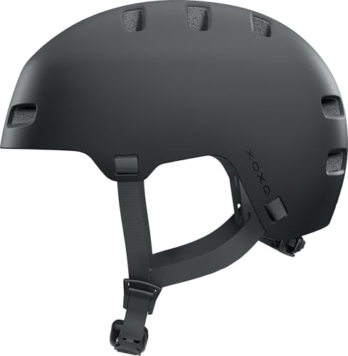 ABUS Fahrradhelm XOXO - Cityhelm im Skater-Look - Helm für Skateboard, Fahrrad, Scooter - mit optimiertem Kinnpolster - für Jugendliche und Erwachsene - Größe S (51–55 cm) Dicke: 8 mm, Schwarz