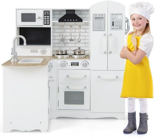 HOMASIS Cuisine pour enfants avec son et lumière, set de cuisine avec évier cuisinière four réfrigérateur, cuisine jouet y compris casseroles & 3 ustensiles de cuisine, cuisine d'angle pour enfants en