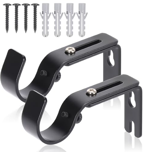 HAOIOKSC Premium Curtain Rod Brackets for Wall - Adjustable Hooks, Iron Holders for 1 Inch Rod - Black (2 PCS)