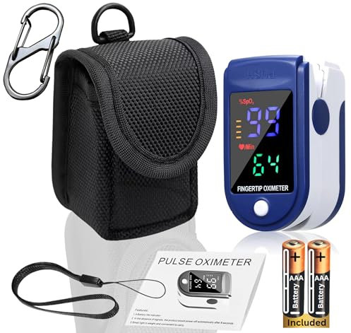 Fingertip Pulse Oximeter, x2 AAA Battery(included), Hook Carabiner, Carrier Bag & Lanyard, Finger Blood Oxygen Saturation Checker Heart Rate Stats Monitor NHS Accessories for SpO2 Levels Detector