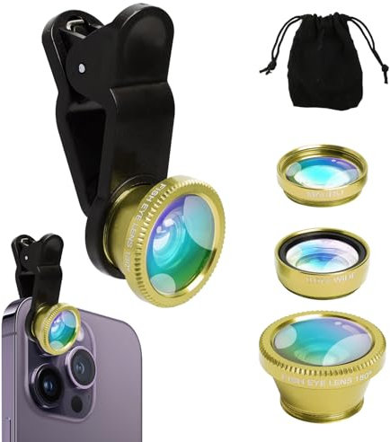 Handy Kamera Objektiv Set 3-in-1, Kamera-Adapter Clip-On Universal, Smartphone Objektiv mit 180°Fischaugenobjektiv + 0.67x Weitwinkel + Makroobjektiv, für den Meisten Smartphone (Gold)