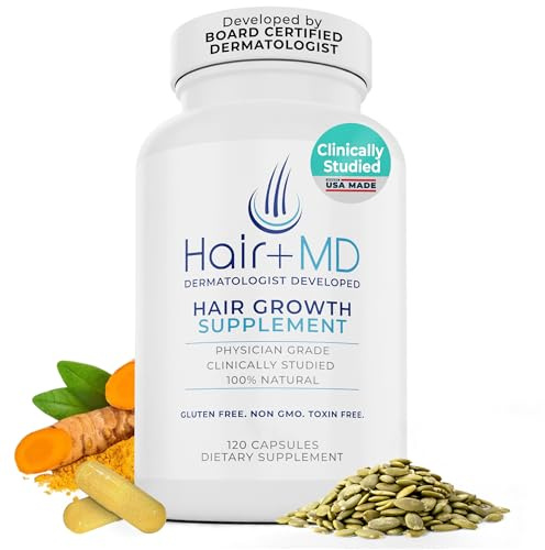 Hair Plus MD Hair Growth Supplement, 120 Capsules – Supports Hair Growth & Density – Dermatologist-Developed with Collagen & Vitamins – Gluten-Free, Toxin-Free, Non-GMO – 1 Month Supply