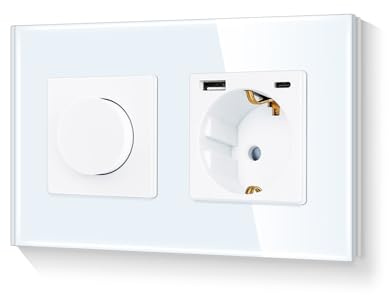 LIAONFOY Drehdimmer Drehschalter mit 20W Wandsteckdose USB C Kombination Dimmschalter mit Steckdose Kindersicherung Weiße 2Fach 110-220V 157mm (Neutrale erforderlich)