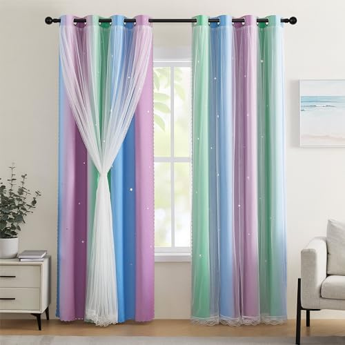 XiDi Ombre Voile Curtains 132x183cm (52x72), Nursery & Kids Room Thermal Linings with Star Cut-Outs, Ring Top for Sliding Door,Green Blue Purple Ombre 2 Layers Green BluePurple/52/72/2