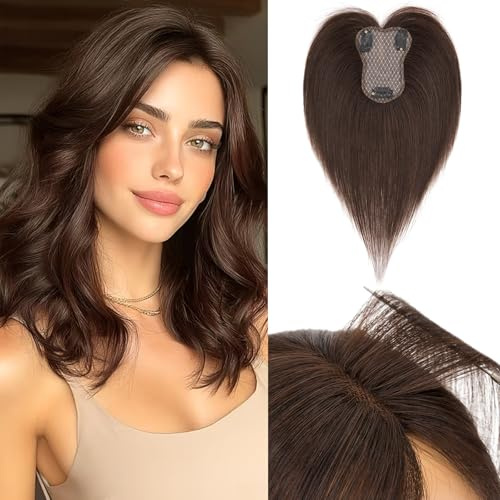 Benehair Toupet Capelli Donna Veri con Clip 8x11cm Air Frangia Clip Capelli Veri Fatto a Mano 25cm Extension Clip Capelli Naturali con Frangia, 20g Marrone Scuro #02