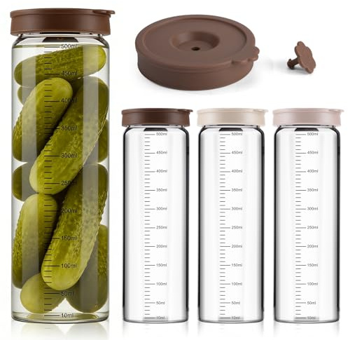 ZLLkeji Kit de 4 Tarros de Fermentación con Tapa Autoventilante Antigoteo, Vidrio Resistente al Calor(-20°C a 150°C) y Marcas de Medida, para Chucrut, Kimchi, Overnight Oats, Levadura Madre (500 m)