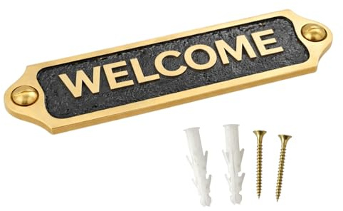 WELCOME Door Plaque 22x5 cm Decorative Metal Wall Sign with Mounting Hardware for Front Door Entryway Porch Office Reception Home Decor Sign Brass and Black (WELCOME)
