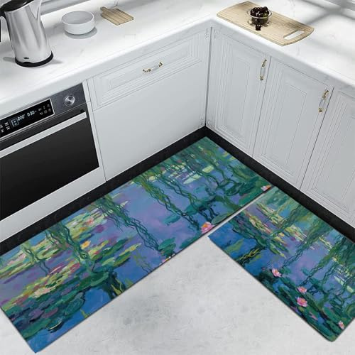 Set di 2 tappeti da cucina Verde con Stagno Salice Fiore di Loto, tappetini da cucina Stile impressionista, per lavanderia soggiorno Corridoio, tappeti da cucinas, 50x80cm+50x150cm