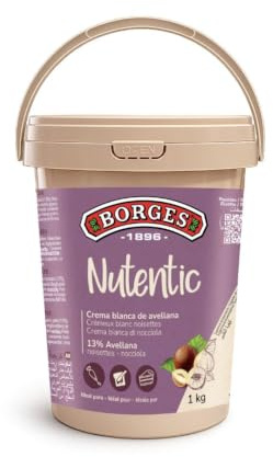 Borges Professional - Crema de Avellana Blanca Nutentic 13% 1kg Sin Gluten, Sin Lactosa, Vegana, Baja en Azúcares, Sin Aceites Tropicales para Repostería y Heladería