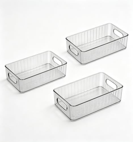 3Pcs Organizador de Nevera, 3 tamaños Cajas de Almacenamiento de Cocina | con Asa para La Despensa, Apilables y Transparentes, para la Cocina, armarios, encimeras y refrigerador, sin BPA