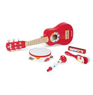 Coffret Instrument Musique 5 en 1 : 1 Tambourin à cymbales, 1 Guitare, 1 Harmonica, 1 Trompette et 1 Clap-Clap - Set Jouet Enfant + Carte