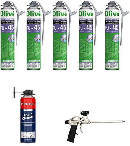 Lote de 5 botes de espumas expansivas de poliuretano (750 ml) para pistola + 1 pistola + 1 limpiador