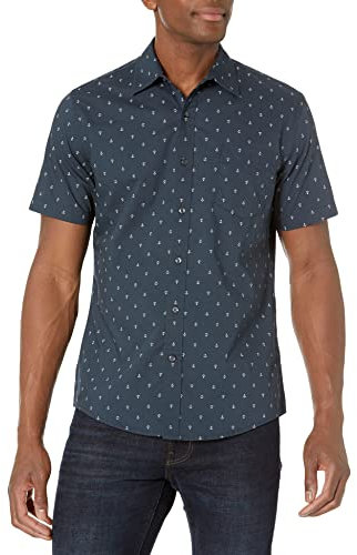 Amazon Essentials Men's Slim-Fit Short-Sleeved Button-Down Printed Shirt, Navy White Anchor Print, L