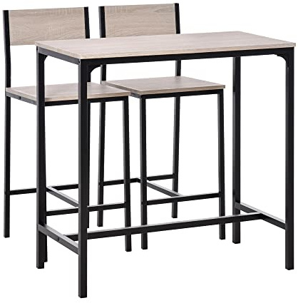 HOMCOM 3-Piece Bar Table and Stools Set, Industrial Breakfast Bar Set with Footrest, Backrest, Metal Frame, Kitchen Table and 2 Chairs for Dining Room, Small Space, Natural Wood Finish
