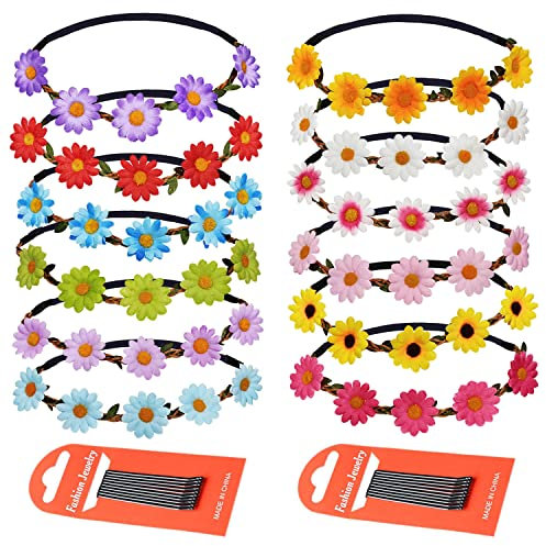 ZOCONE 12 Piezas Diademas de Flores, Multicolor Corona Floral Elástico Diadema de Margaritas Flor Corona con Horquillas Pelo, para Mujeres y Niñas