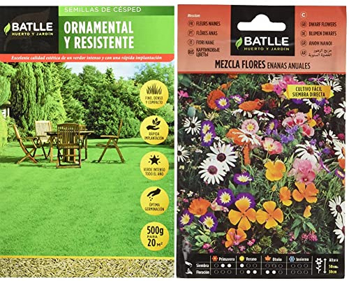 Semillas Batlle Cesped ORNAMENTAL Y RESISTENTE & Mezcla Flores ENANAS anuales, Multicolor