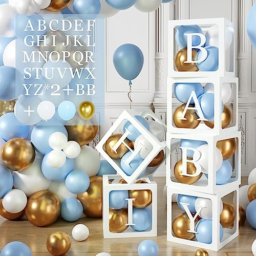 Wayfun 105Pcs Baby Shower Decorations Boxes for Boys, 6 Blue Balloons with Letters(BABY+A-Z), 45 White Gold'' Birthday Party Decoration, DIY Custom Name, W6204-205