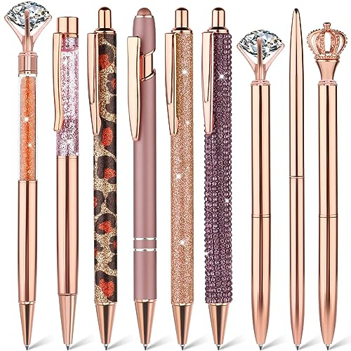TIESOME 9 stycken söta kulspetspennor i set, lila fina pennor, bling, glitter, metallpenna för anteckningar, med svart bläck, infällbara pennor, present för kvinnor, flickor, brudtärna och bröllop