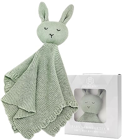 Limaro Kids Schmusetuch aus 100% Baumwolle/Kuscheltuch für Babys/Schnuffeltuch Mädchen Junge/Bio-Baumwolle / 20 x 20 / Schnuffeltücher & Trösterchen/Geschenk Geburt (Hase Grün)