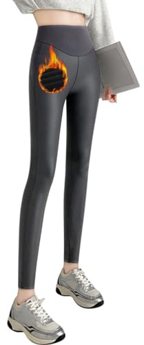 Minetom Leggins Donna A Vita Alta Elasticizzati Leggings in Pelle Stretch Skinny Ecopelle Sportivi Pantaloni in Pile Caldo Fitness Yoga Leggings B Grigio L