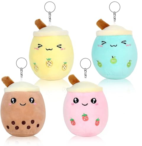 RYAN 4 Stück Boba Plushies Tier Gefüllte Plüsch mit Schlüsselanhänger Bubble Tea Kuscheltier Geeignet für Partygeschenke Geschenke für Schüler Klassenzimmer (Kein Spielzeug)