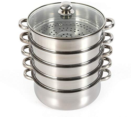Pentola a vapore a 5 strati, con coperchio in vetro, pentola a pressione in acciaio inox, a vapore, per verdure, a induzione, 28 cm