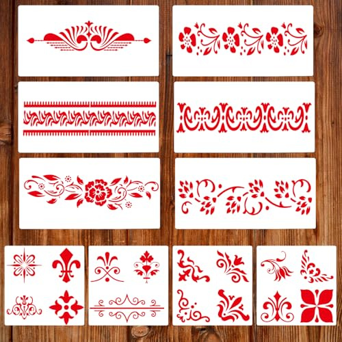 Qpout 10 Pezzi Stencil per Bordi di Fiori per Pittura, Stencil di Bordi per Disegno di Totem Tribale Fiore per Dipingere su Parete Mobili in Legno Pannello in Porcellana Cornice per Foto Scrapbook