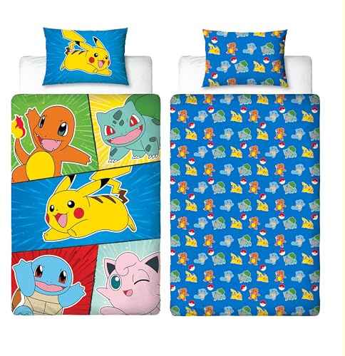 Pokemon - Juego de Funda de edredón para Cama Individual, diseño Retro, Reversible, de 2 Caras, Incluye Funda de Almohada a Juego, Ideal para Dormitorio Infantil, polialgodón