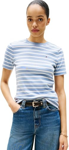 Tommy Hilfiger Camiseta de Manga Corta Mujer Slim Cody con Cuello Redondo, Multicolor (Brisk Blue/Ecru STP), S