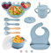 Bwaliffury Cubiertos Bebe, Vajilla Bebe Silicona 10 Piezas,Set Silicona Platos Bebe, Vajilla de Silicona para Bebés, Babero Silicona Bebe, Taza de Agua Potable para Bebés, Cuenco, Sin BPA(azul)