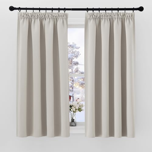 PONY DANCE Blackout Pencil Pleat Curtains, Natural, W66 x L54, 2 Panels | Thermal Insulated Curtains with Noise Reducing & Privacy, Luxury Soft Window Treatment for Bedroom & Living Room