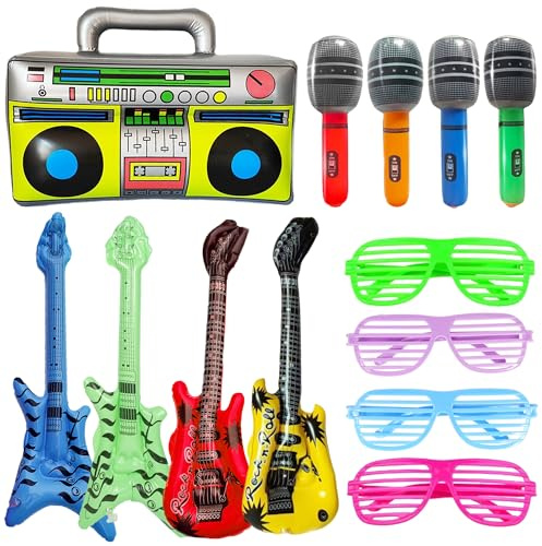Lot de 13 ballons gonflables - Instruments de musique gonflables - Accessoires pour guitare, basse, microphone, radio, Rock Star Toy - Lunettes pour enfants, adultes, concert, danse, karaoké des