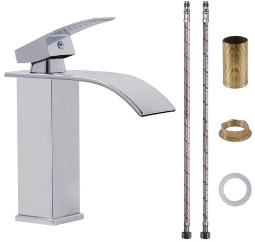 VirtuGro Robinet Salle Bain Robinet Cascade Lavabo avec Corps en Céramique en Acier Inoxydable Pas de Bruit Mitigeur Lavabo Monocommande Chaud et Froid à Double Commande Economies D'eau (Argent)