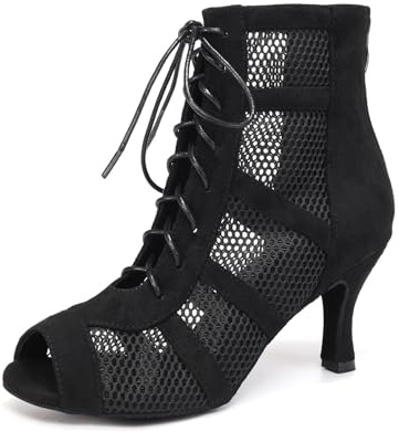 GYUBL Stivali da Ballo Latino Amaricano Donna Tacco con Lacci Scarpe da Ballo Donna Stivaletti da Salsa Jazz Tango Pratica da Sala,L446-7.5-Nero,EU38