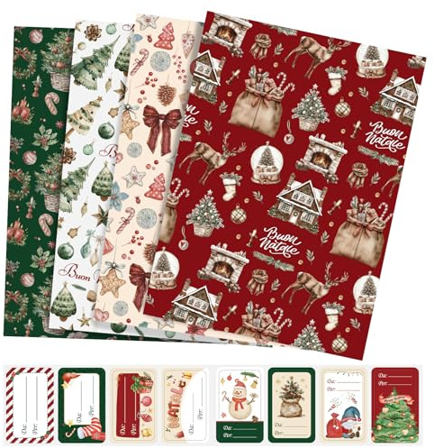LEMESO Carta Regalo Natale Grande Carta Regalo Natalizia Vintage 4 Motivi con 8 Etichette Adesive Confezioni Pacchi Natalizie Bambini Imballaggio Regali Natale