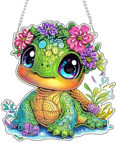 NEWENMO 5D Tartaruga Diamond Painting Pendente,Fiori Pittura Diamante Pendente con Catena,DIY Forma Speciale Diamond Painting Adulti Ciondolo,per Principianti Finestre Pareti Hanging Decorazione