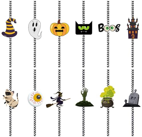 EIH1 48 Piezas Pajitas para Halloween,12 Patrones Diferentes: Calabaza, Castillo, Gato, Bruja, etc., pajitas Desechables para Halloween, Vacaciones