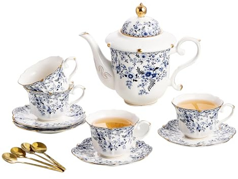 TATSUMI Country Roses Porcelain Tea Set, European Ceramic tea set for adults,Vintage Style, For Women and Tea Parties (BLUE, 13 Pieces Set)