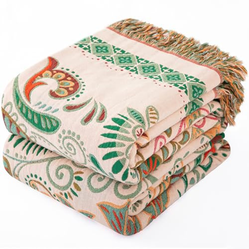 Colcha Boho con Flecos de, Manta de Muselina Reversible 100% algodón de 150 x 200 cm, Manta Suave y acogedora para sofá y Cama, Transpirable, para salón y Dormitorio, Uso Durante Todo el año